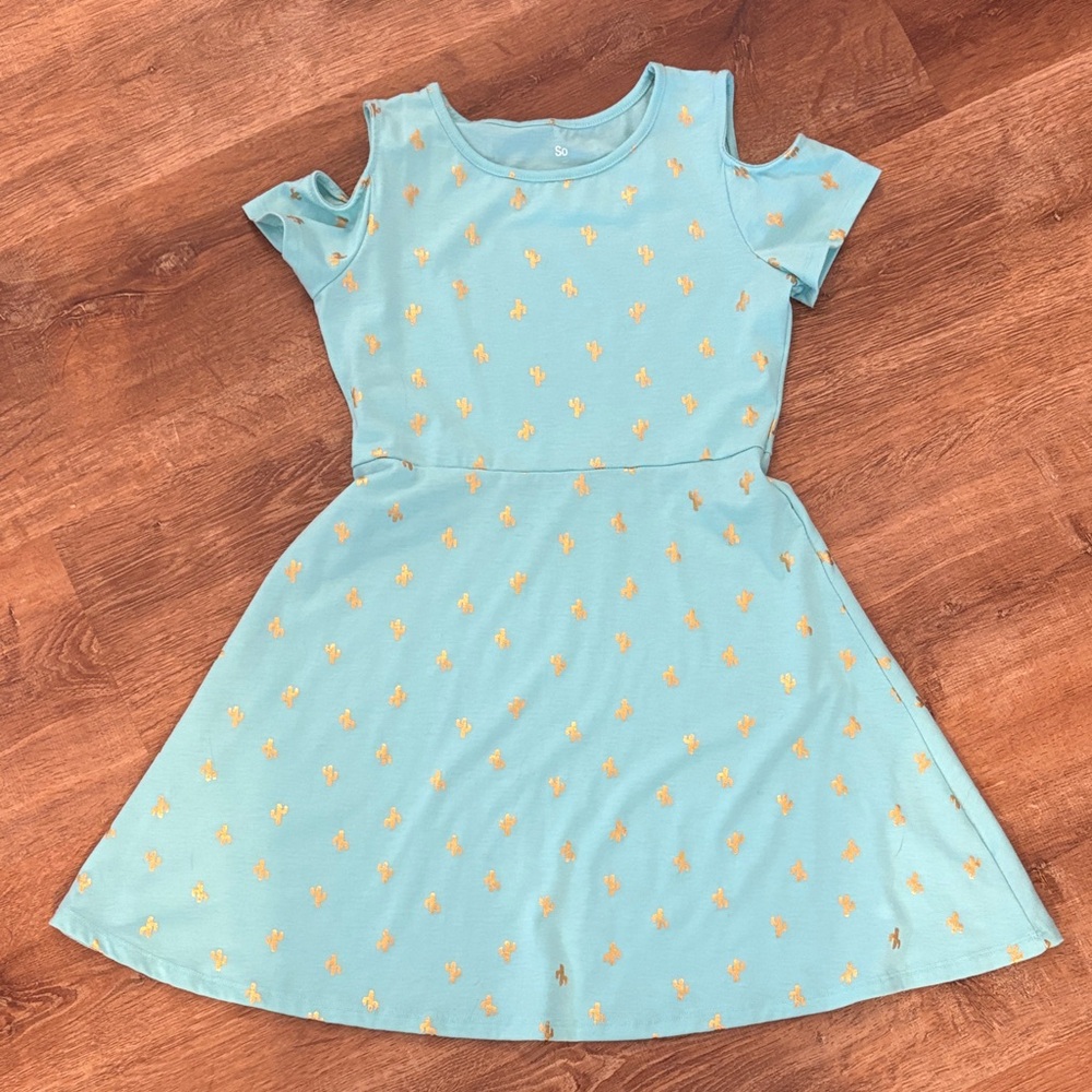 Girls Aqua Cold-Shoulder Favorite Skater Dress with Gold Cactus Print 10/12